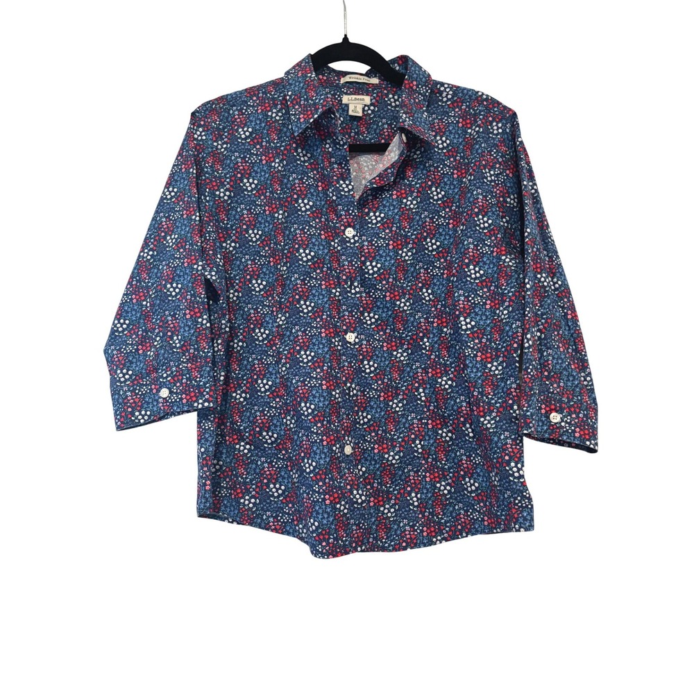 LL Bean sz M blue floral cotton 3/4 sleeve button down blouse MM